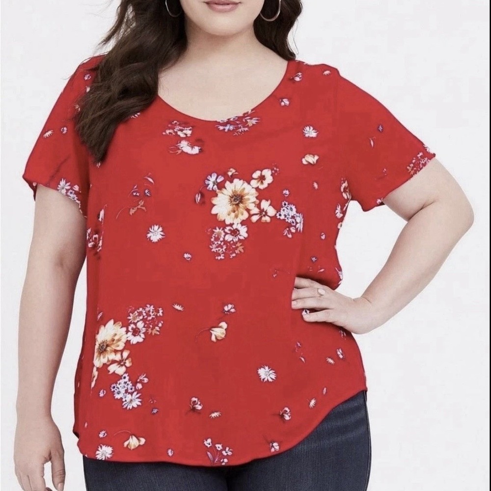Torrid Abbey Red Floral Gauze Button Back Short Sleeve Blouse Size 3X